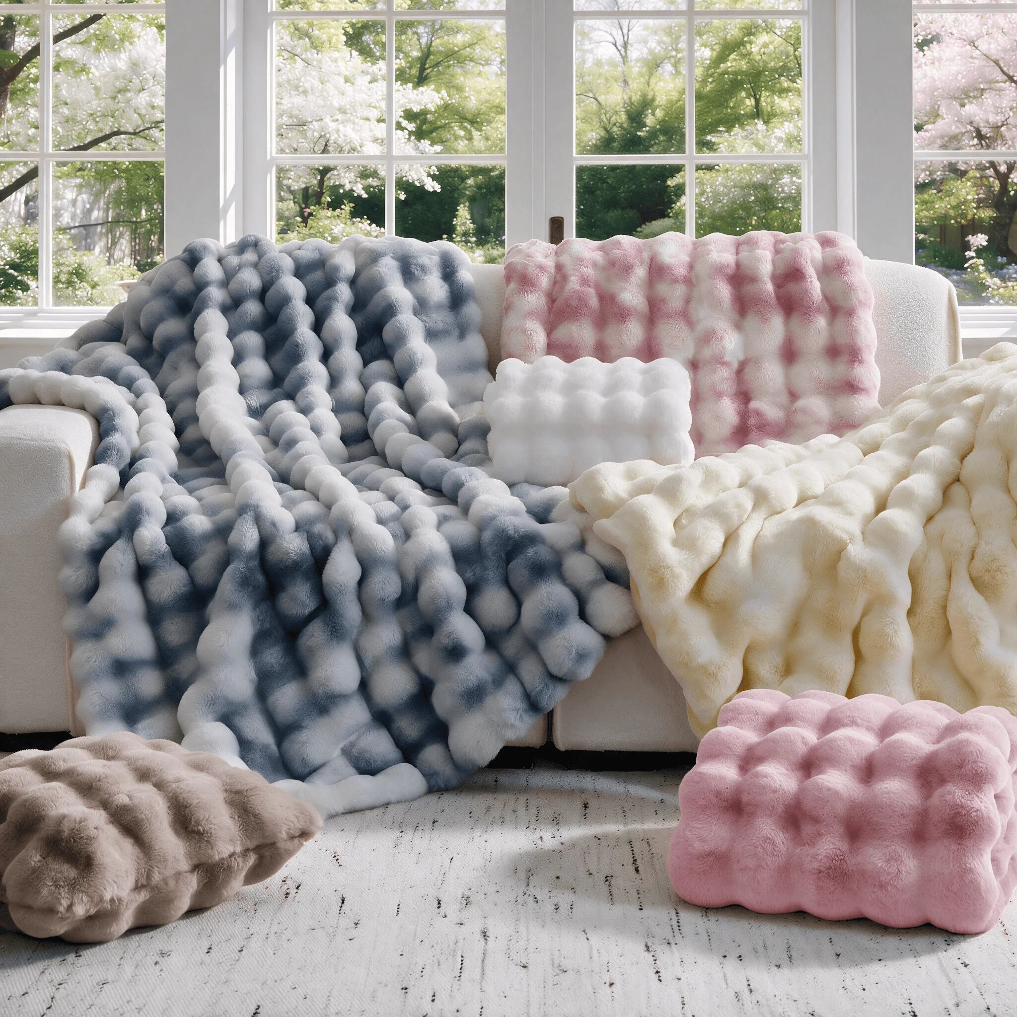ROSEKIND Faux Fur Rabbit Bubble Blanket — Ultra Soft Weighted Throw