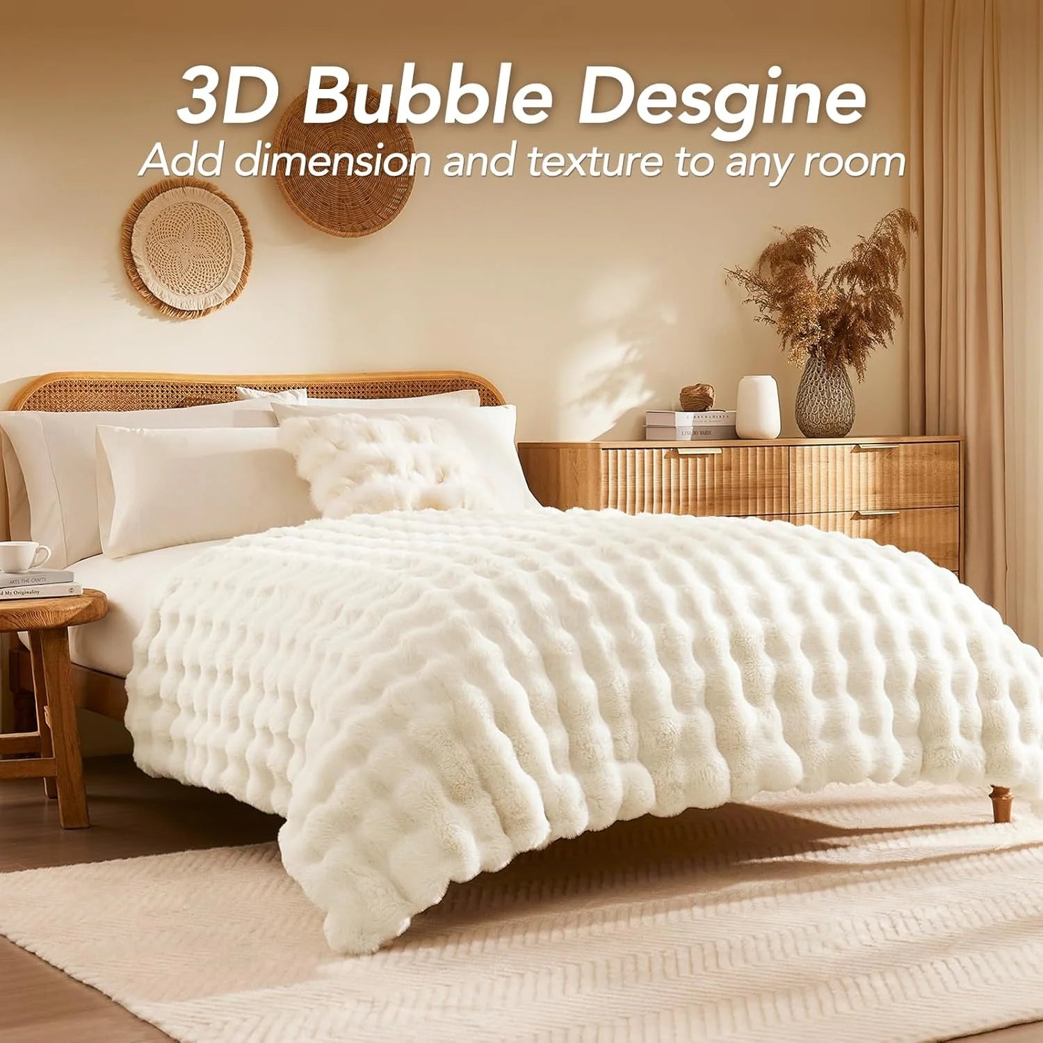 ROSEKIND Faux Fur Rabbit Bubble Blanket — Ultra Soft Weighted Throw