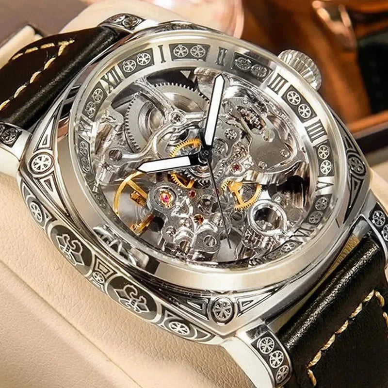 MEIRUIQI Men's Automatic Tourbillon Watch — Luminous Carved Mechanical Timepiece