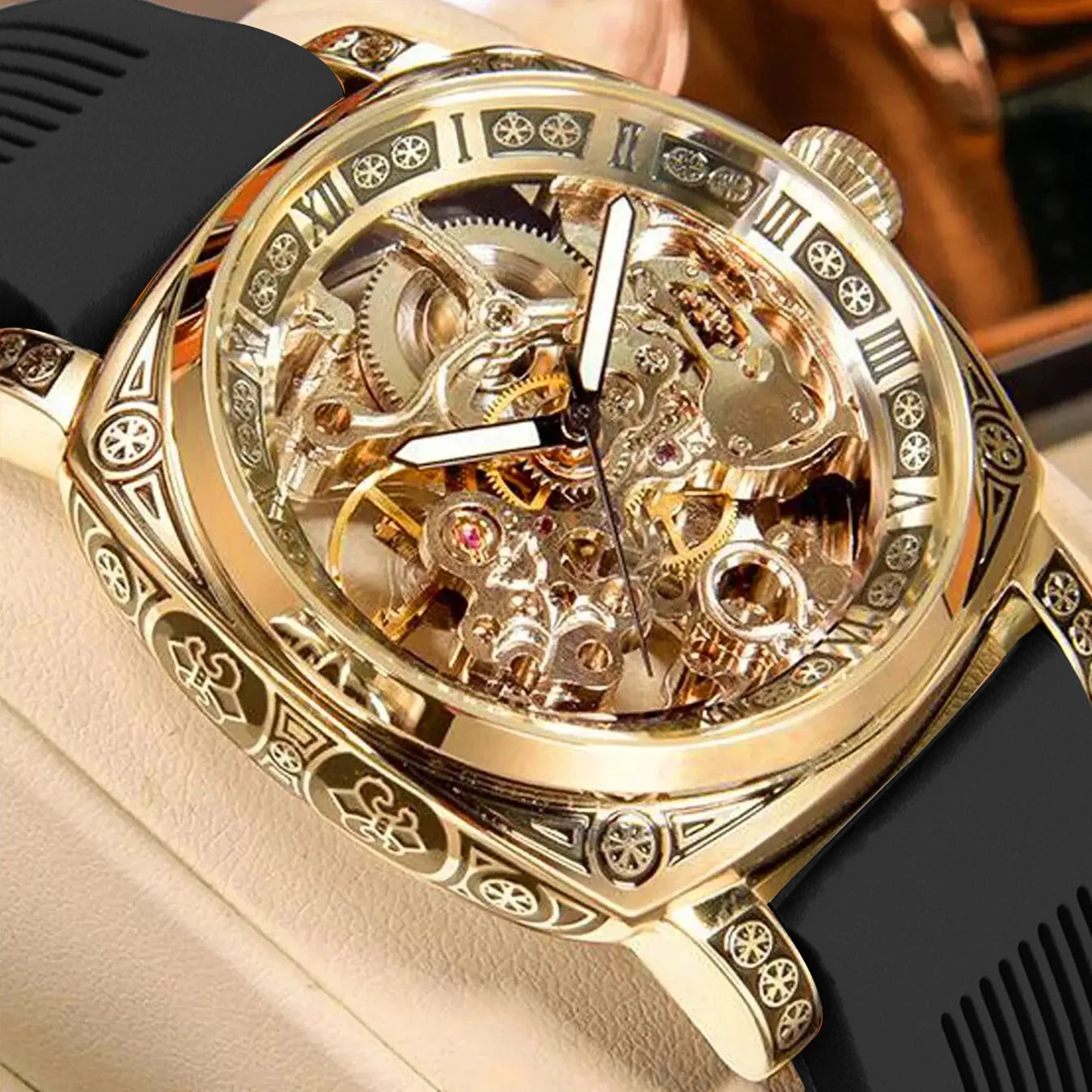 MEIRUIQI Men's Automatic Tourbillon Watch — Luminous Carved Mechanical Timepiece