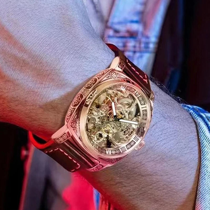 MEIRUIQI Men's Automatic Tourbillon Watch — Luminous Carved Mechanical Timepiece