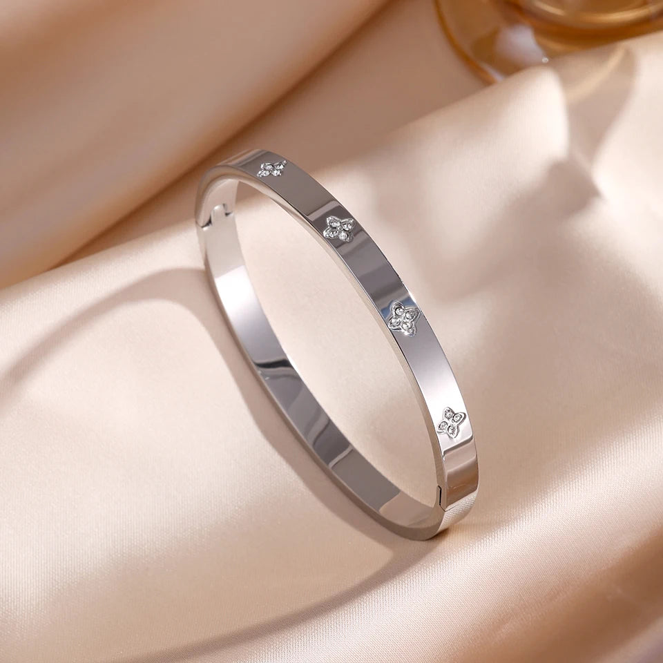 Sparkling Zirconia Stainless Steel Bracelet Set — Stackable Cuff Bangles for Women