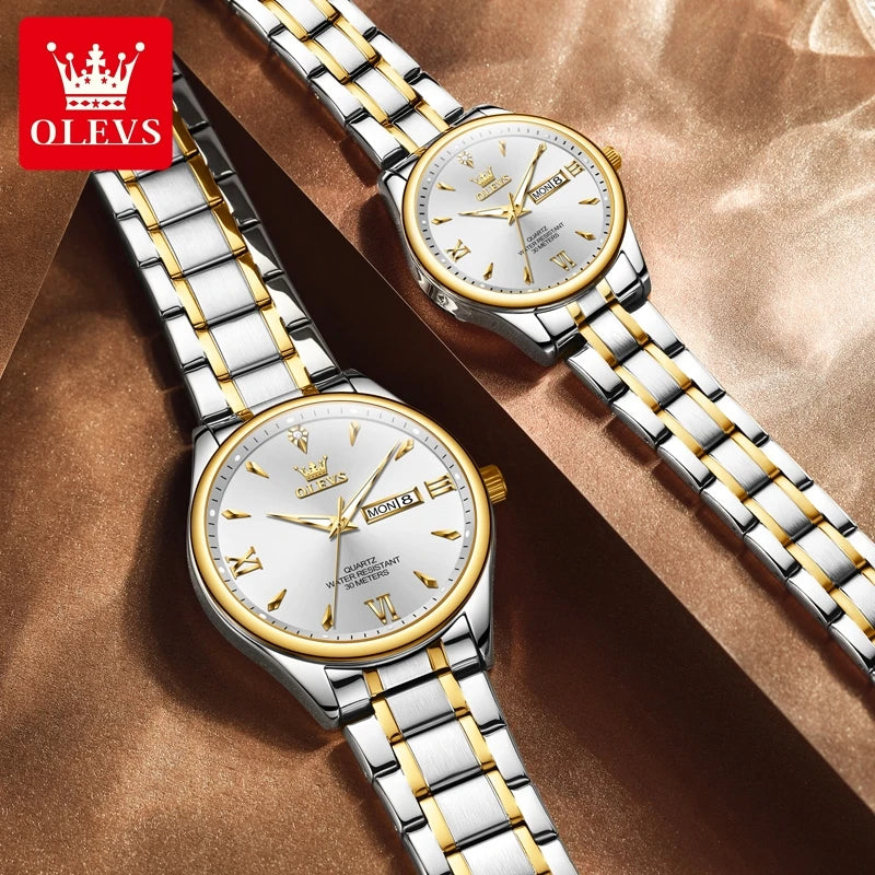 OLEVS 9806 Luxury Couple Watch Set — Waterproof Quartz Timepiece with Luminous Display