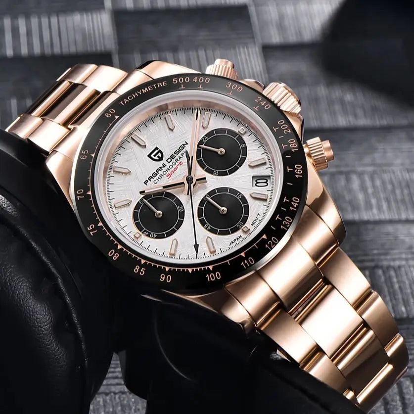 PAGANI DESIGN Luxury Chronograph Watch — Rose Gold Stainless Steel Sport Wristwatch