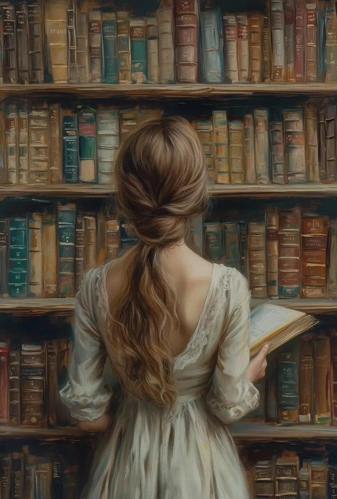 Vintage Bookstore Canvas Painting — Dark Academia Floral Wall Art