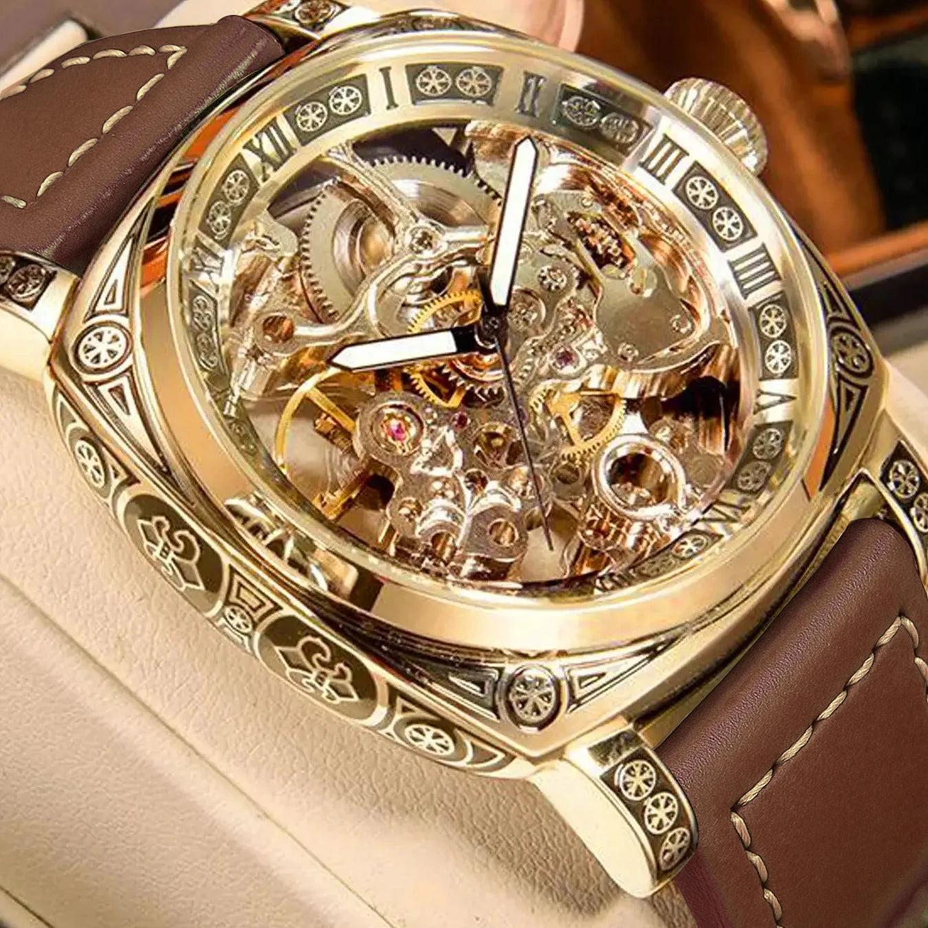 MEIRUIQI Men's Automatic Tourbillon Watch — Luminous Carved Mechanical Timepiece