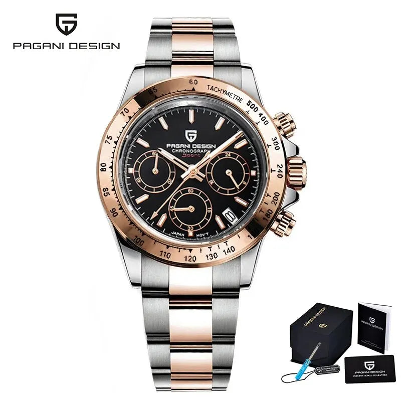 PAGANI DESIGN Luxury Chronograph Watch — Rose Gold Stainless Steel Sport Wristwatch