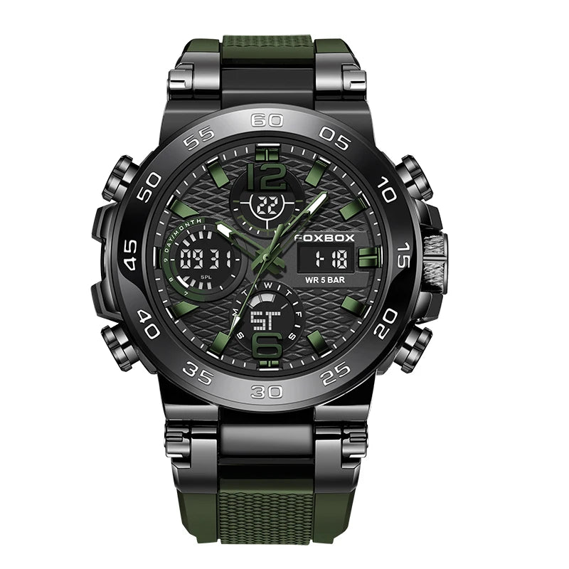 foxbox Men's Military Sports Watch — Waterproof Dual Display Quartz Timepiece