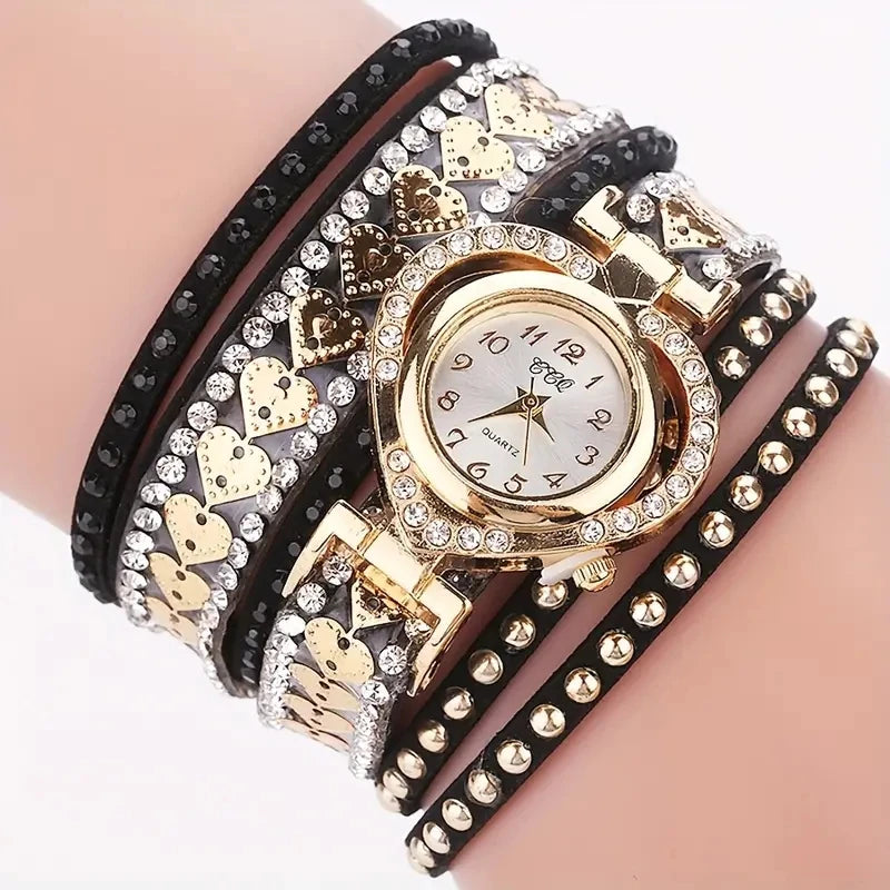 Women's Rhinestone Heart Dial Watch — Elegant Velvet Band Wristwatch