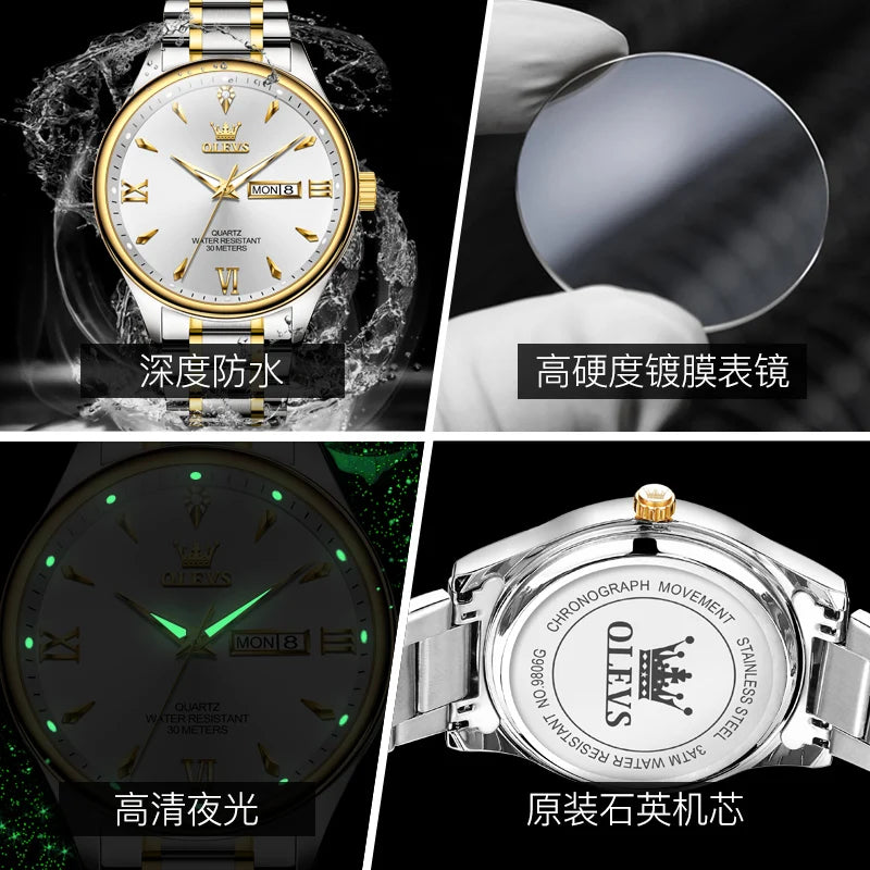 OLEVS 9806 Luxury Couple Watch Set — Waterproof Quartz Timepiece with Luminous Display