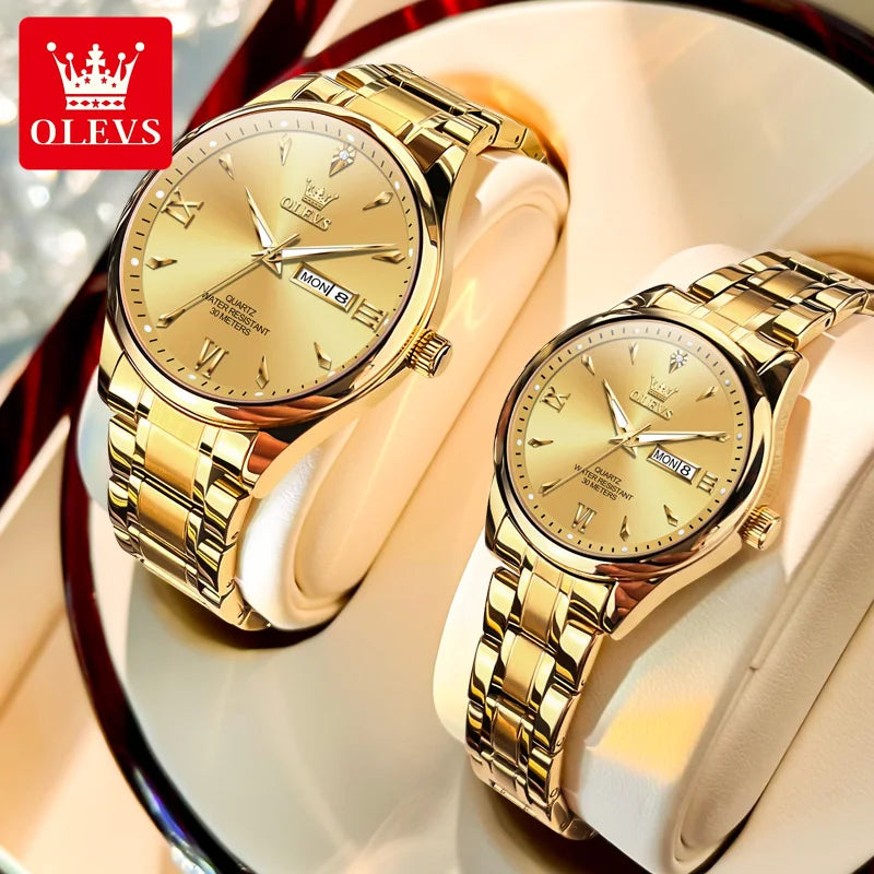 OLEVS 9806 Luxury Couple Watch Set — Waterproof Quartz Timepiece with Luminous Display