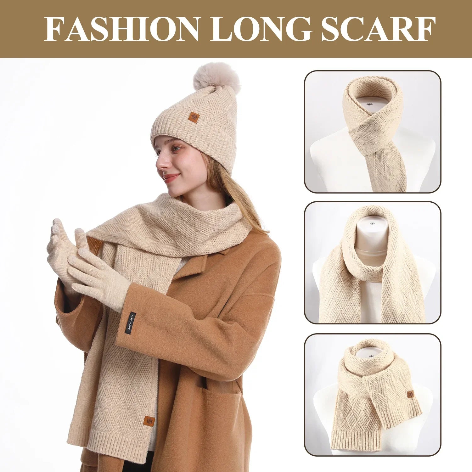 Winter Thermal Accessory Set — Knit Beanie, Scarf & Touchscreen Gloves
