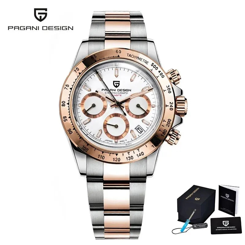 PAGANI DESIGN Luxury Chronograph Watch — Rose Gold Stainless Steel Sport Wristwatch