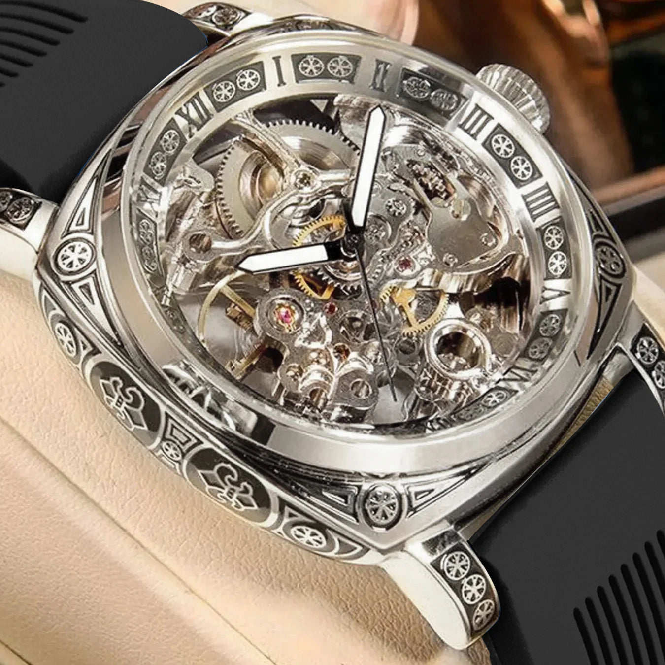 MEIRUIQI Men's Automatic Tourbillon Watch — Luminous Carved Mechanical Timepiece