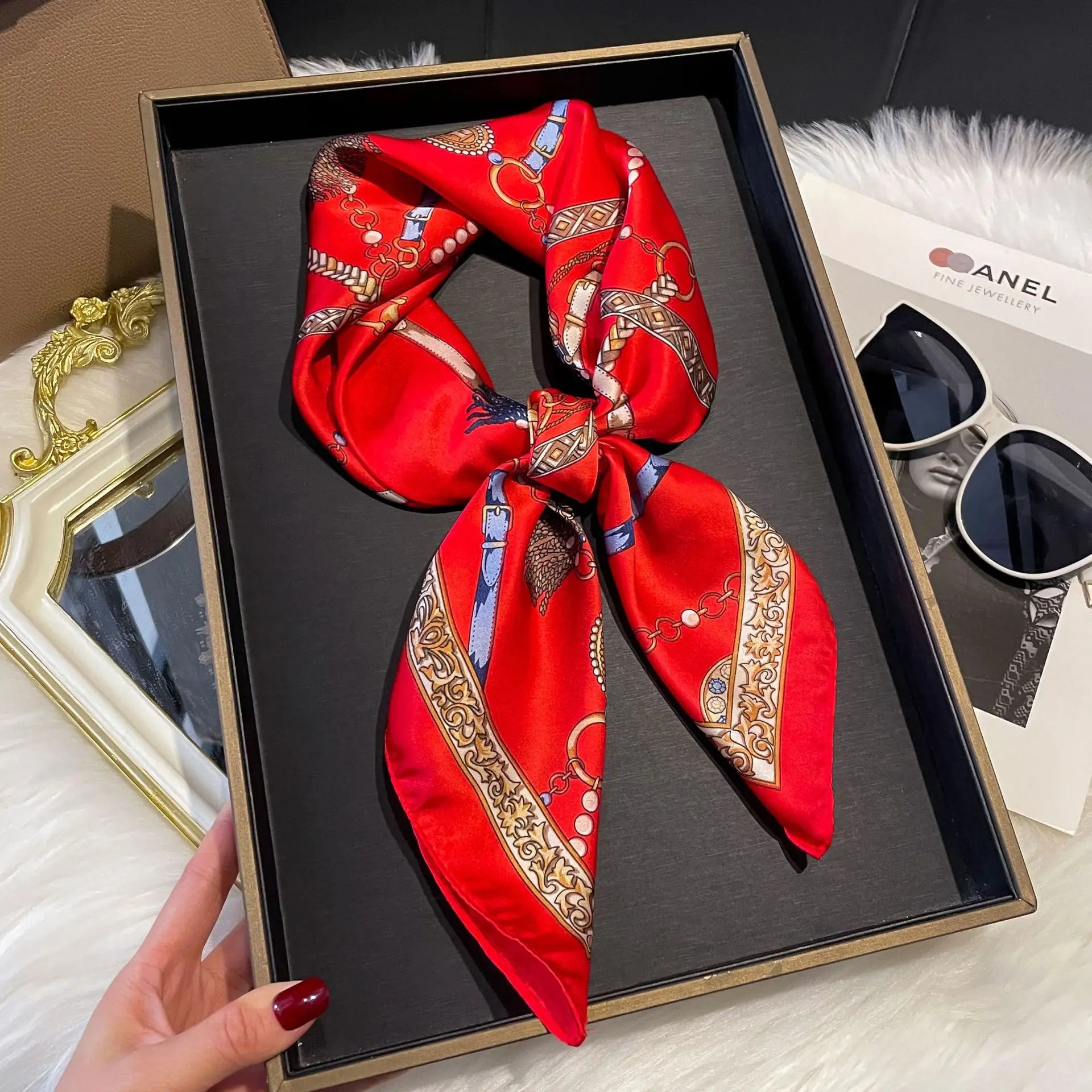 SENAIFEI Printed Silk Scarf — Luxury Square Shawl & Decorative Headband
