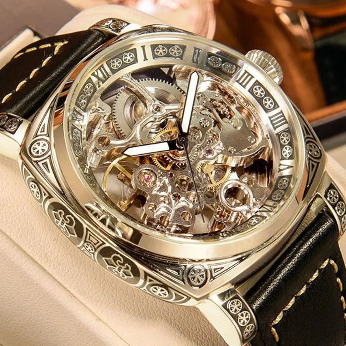 MEIRUIQI Men's Automatic Tourbillon Watch — Luminous Carved Mechanical Timepiece