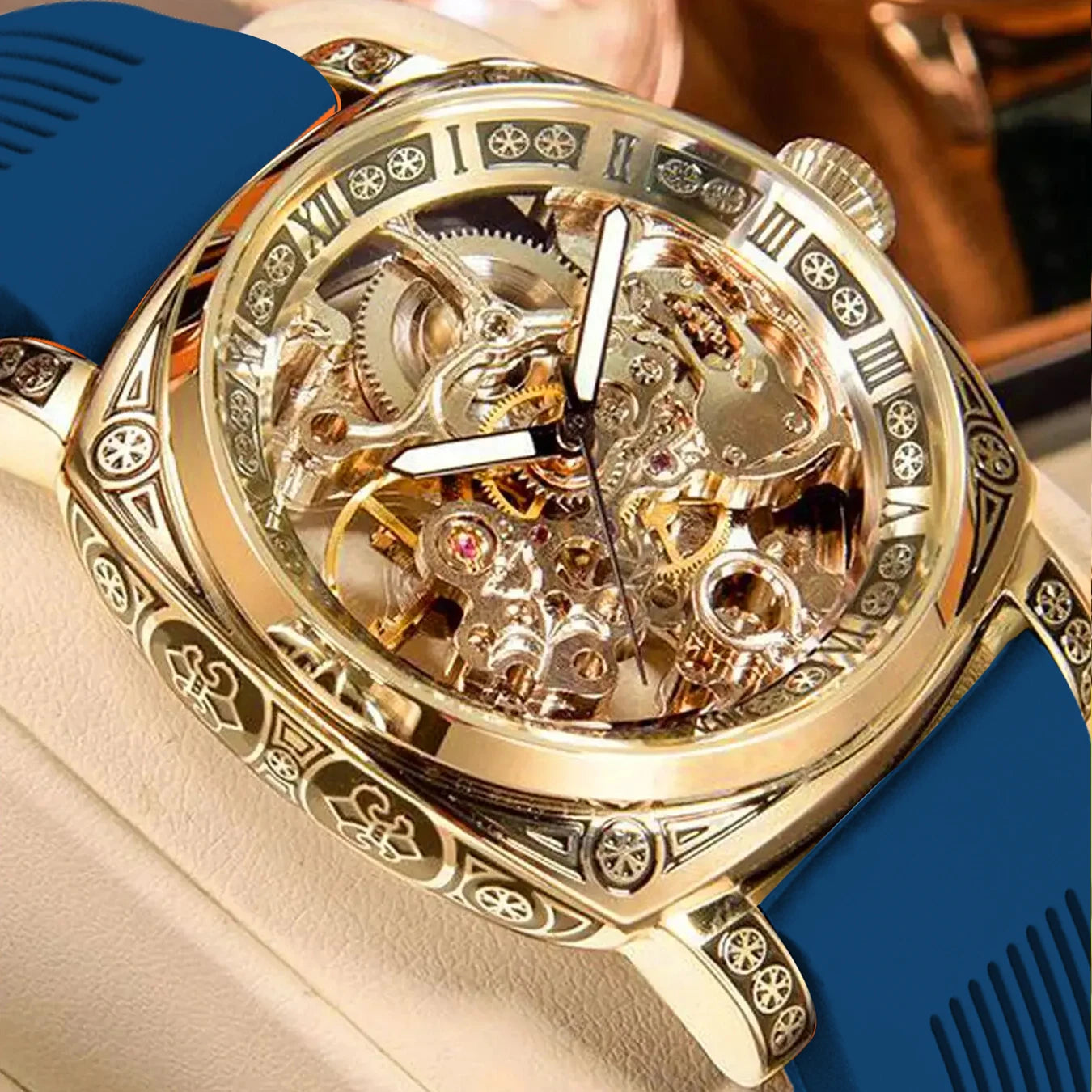MEIRUIQI Men's Automatic Tourbillon Watch — Luminous Carved Mechanical Timepiece
