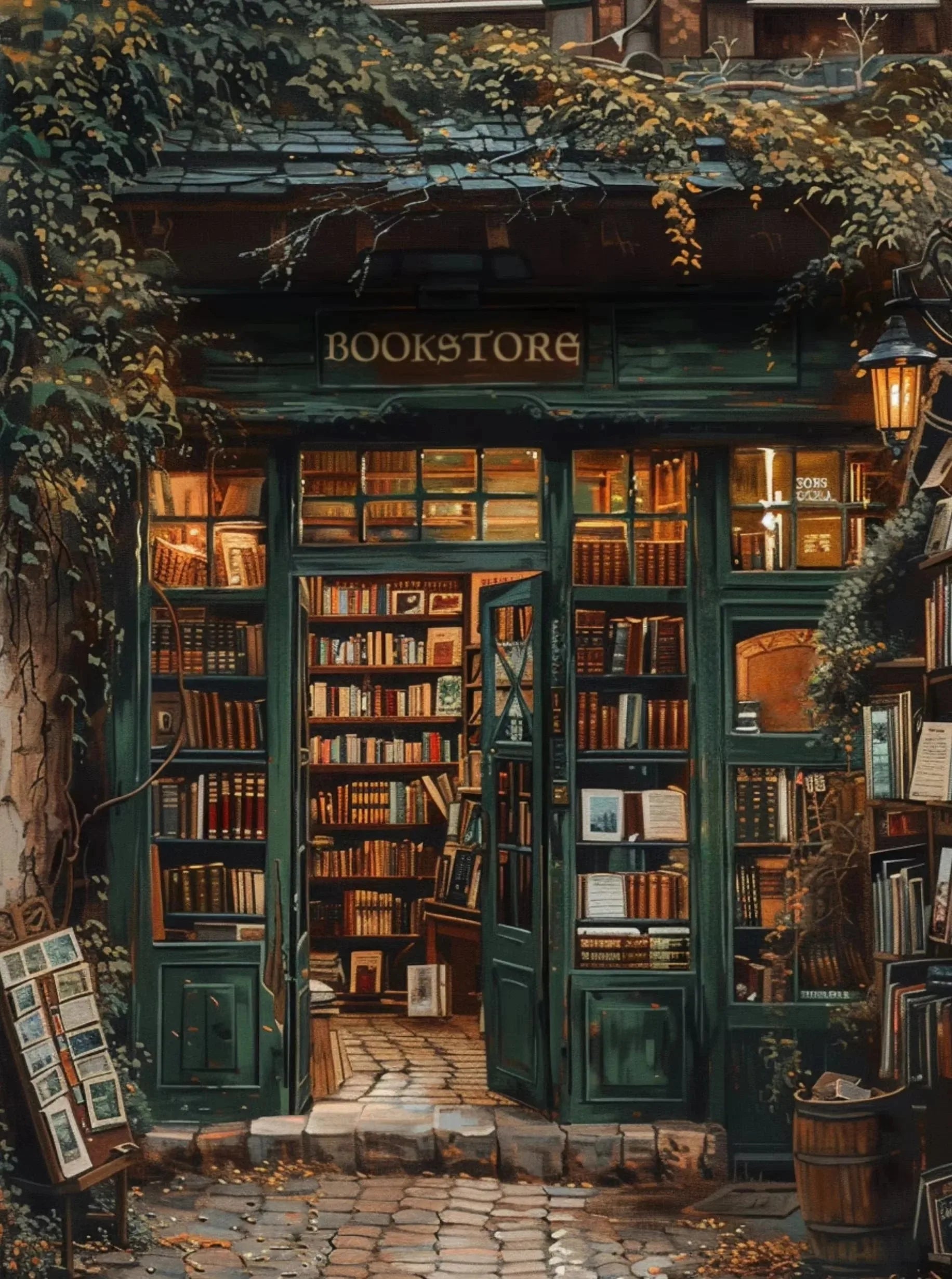 Vintage Bookstore Canvas Painting — Dark Academia Floral Wall Art
