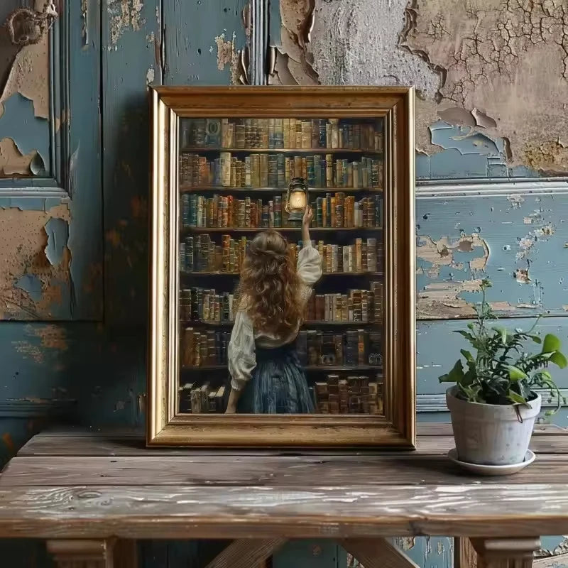 Vintage Bookstore Canvas Painting — Dark Academia Floral Wall Art
