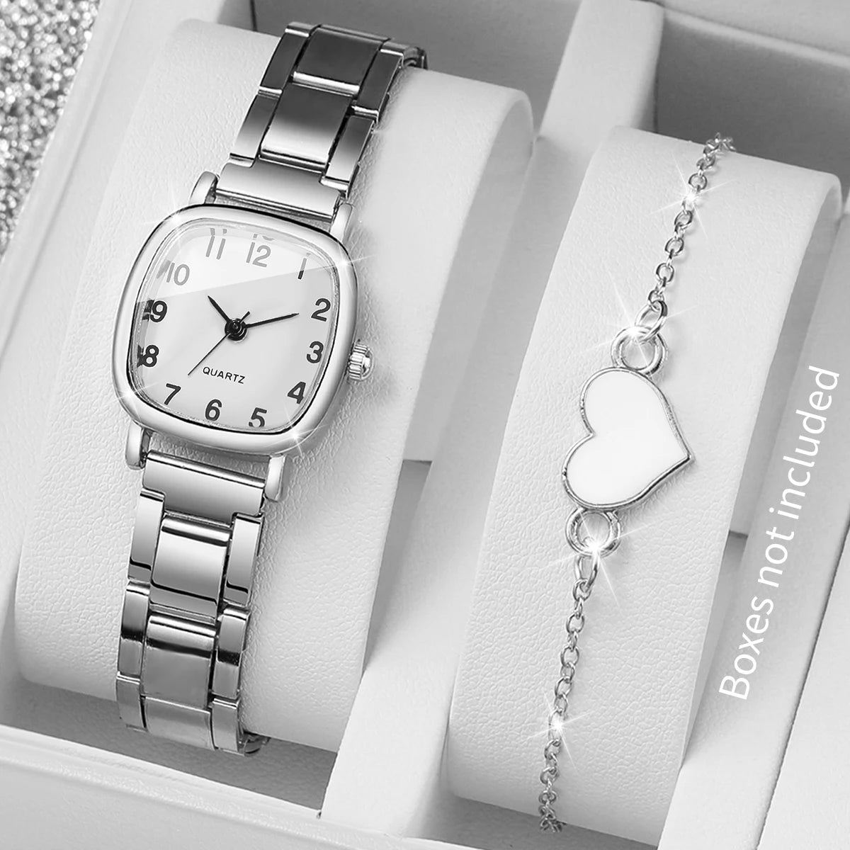Women's Square Arabic Dial Quartz Watch — Elegant Alloy Strap with Heart Bracelet
