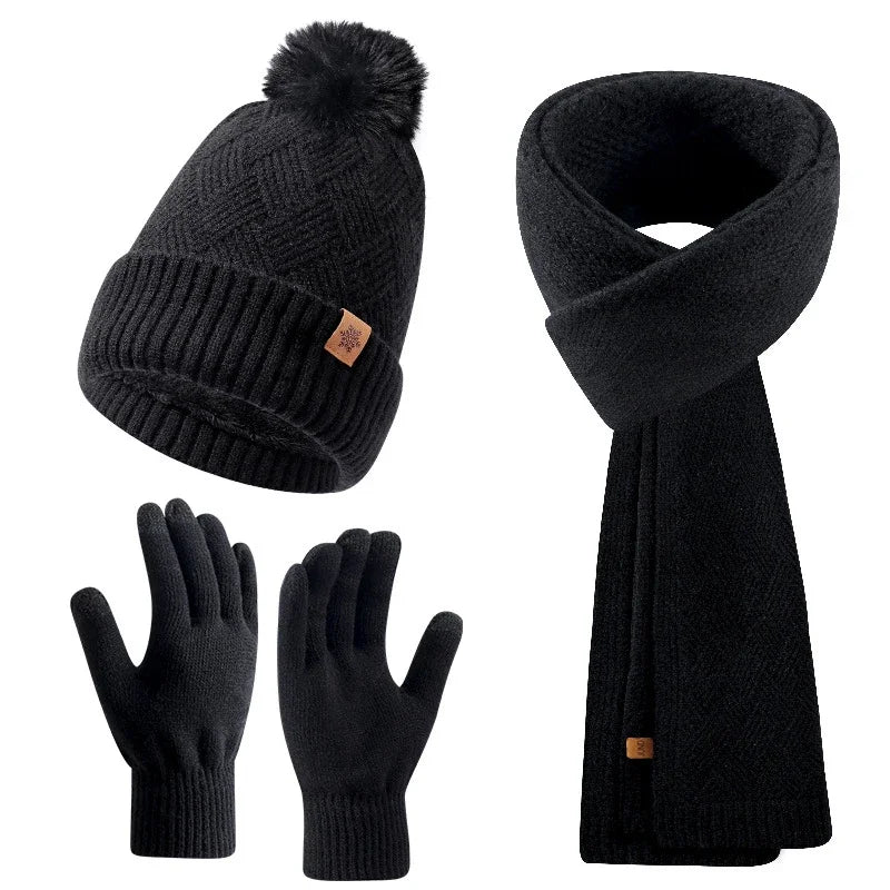 Winter Thermal Accessory Set — Knit Beanie, Scarf & Touchscreen Gloves