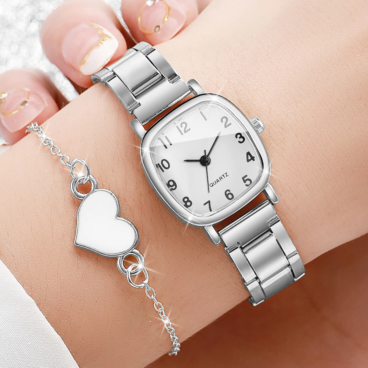 Women's Square Arabic Dial Quartz Watch — Elegant Alloy Strap with Heart Bracelet