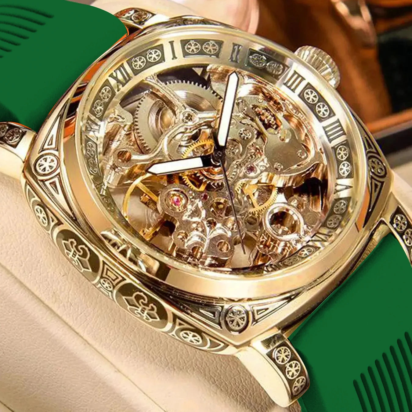MEIRUIQI Men's Automatic Tourbillon Watch — Luminous Carved Mechanical Timepiece