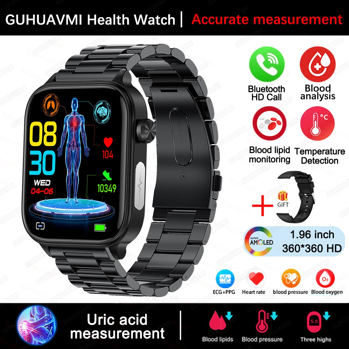 GUHUAVMI Health Smartwatch — Advanced ECG, Blood Pressure & Oxygen Monitor
