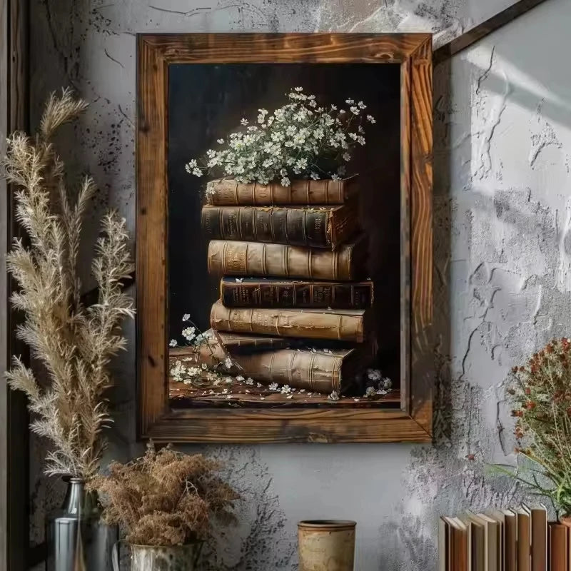 Vintage Bookstore Canvas Painting — Dark Academia Floral Wall Art