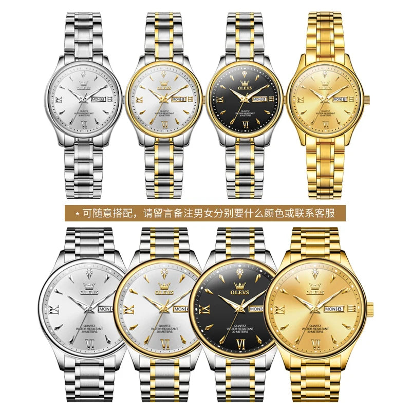 OLEVS 9806 Luxury Couple Watch Set — Waterproof Quartz Timepiece with Luminous Display