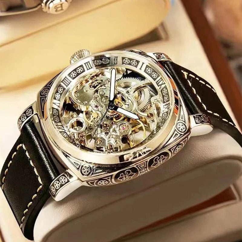 MEIRUIQI Men's Automatic Tourbillon Watch — Luminous Carved Mechanical Timepiece