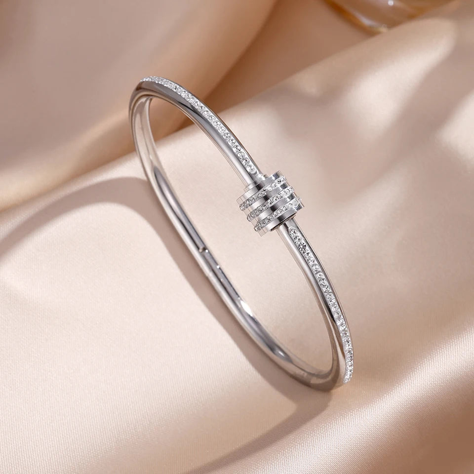 Sparkling Zirconia Stainless Steel Bracelet Set — Stackable Cuff Bangles for Women