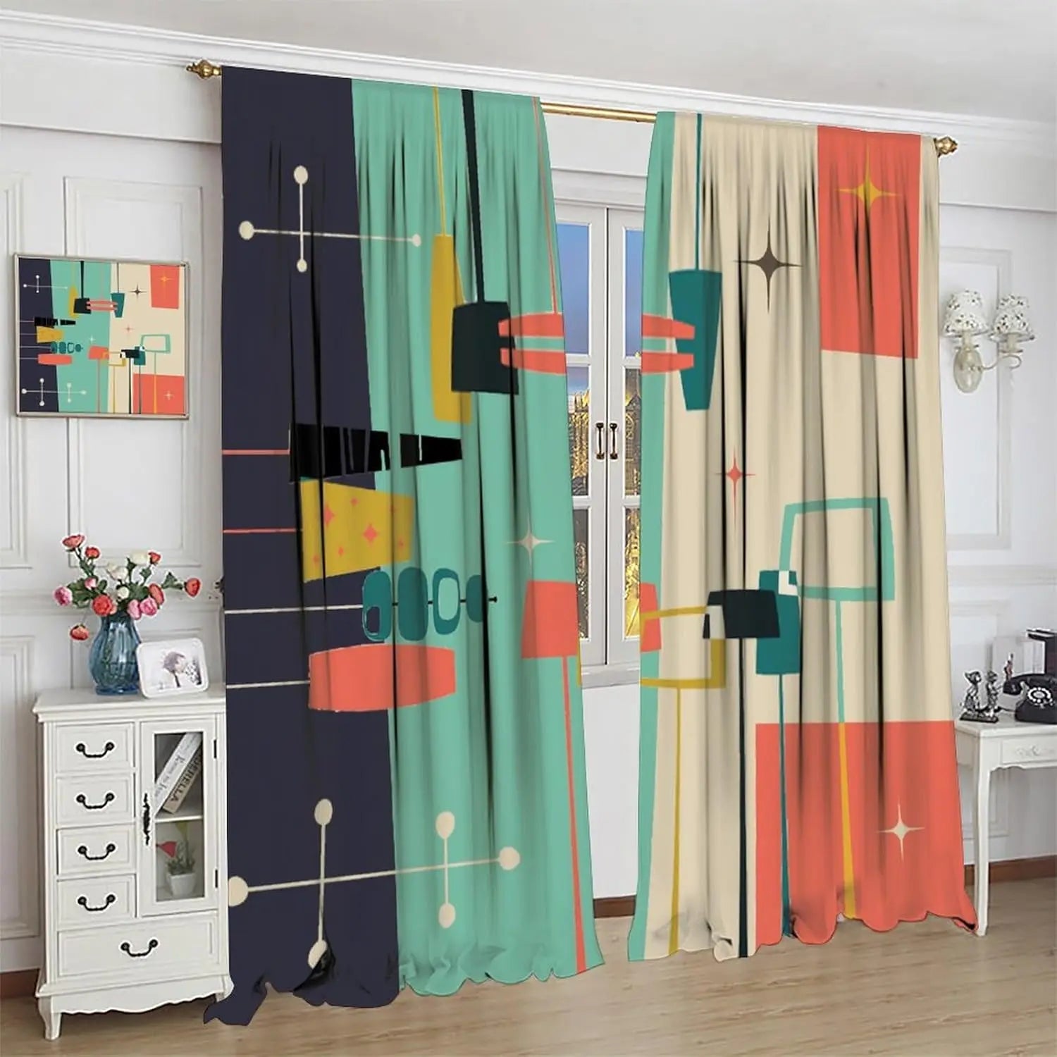 Mid Century Retro Geometric Curtains — Vintage Style Window Treatments