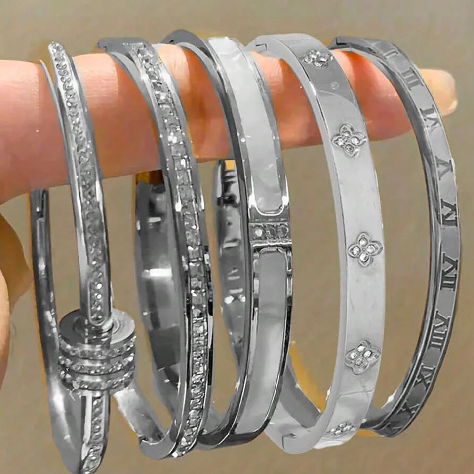 Sparkling Zirconia Stainless Steel Bracelet Set — Stackable Cuff Bangles for Women