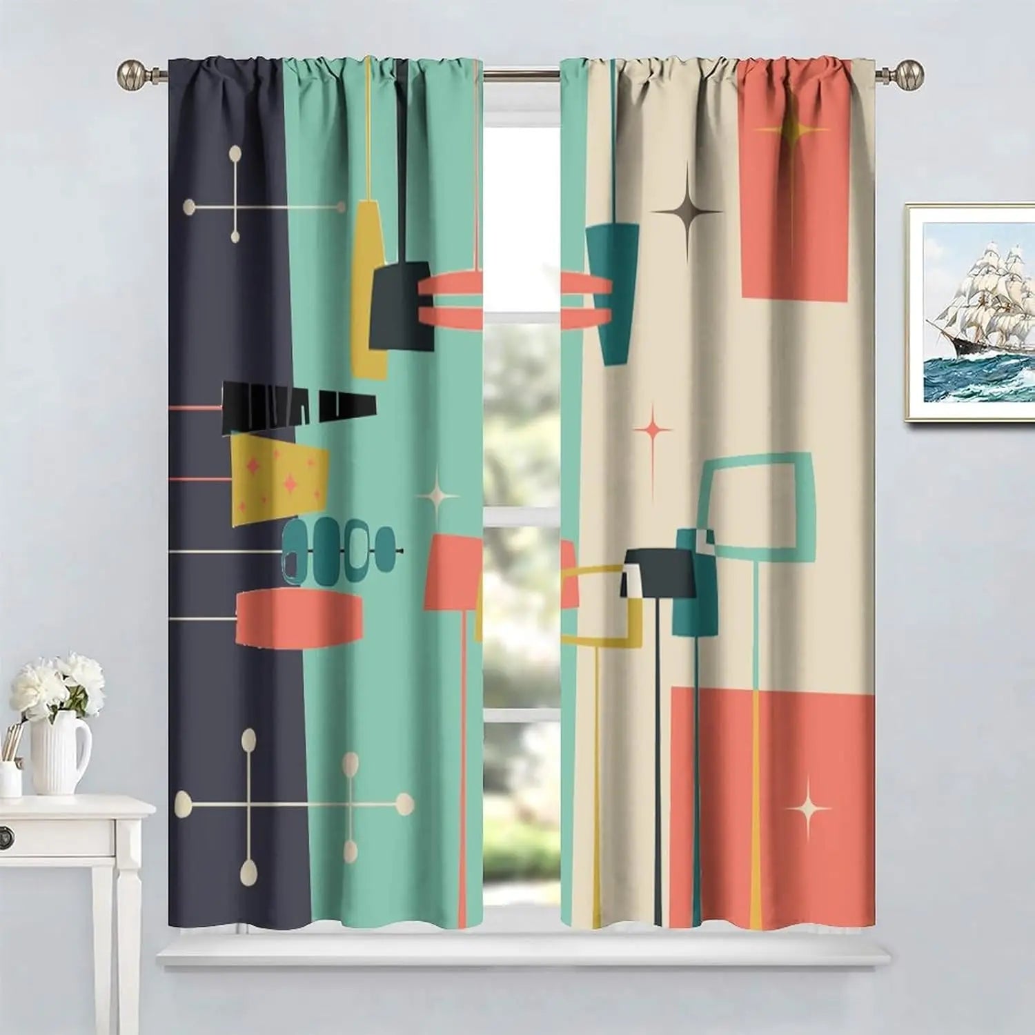 Mid Century Retro Geometric Curtains — Vintage Style Window Treatments
