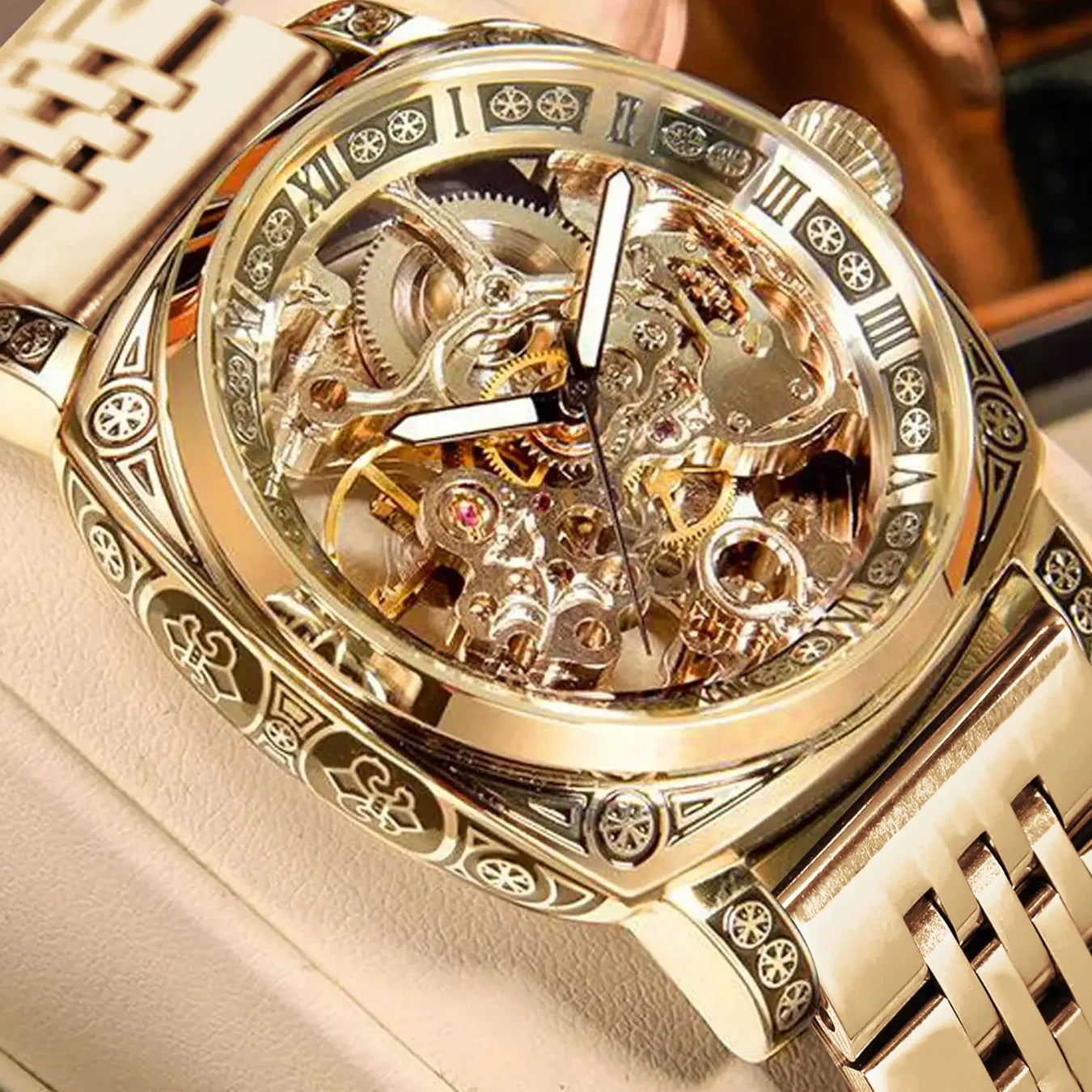 MEIRUIQI Men's Automatic Tourbillon Watch — Luminous Carved Mechanical Timepiece