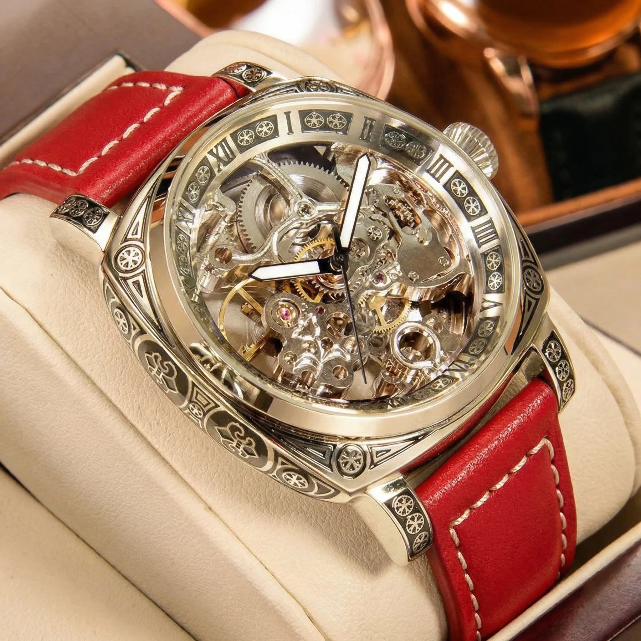 MEIRUIQI Men's Automatic Tourbillon Watch — Luminous Carved Mechanical Timepiece