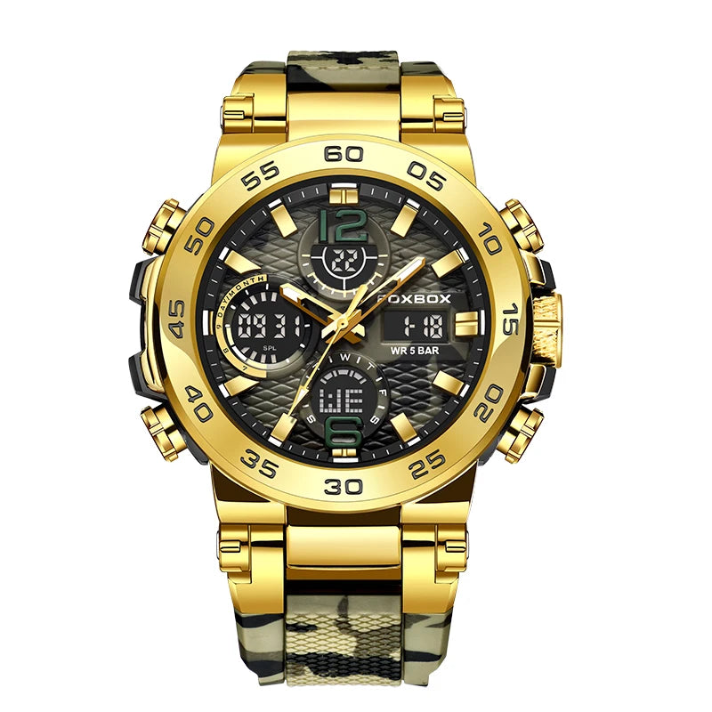 foxbox Men's Military Sports Watch — Waterproof Dual Display Quartz Timepiece