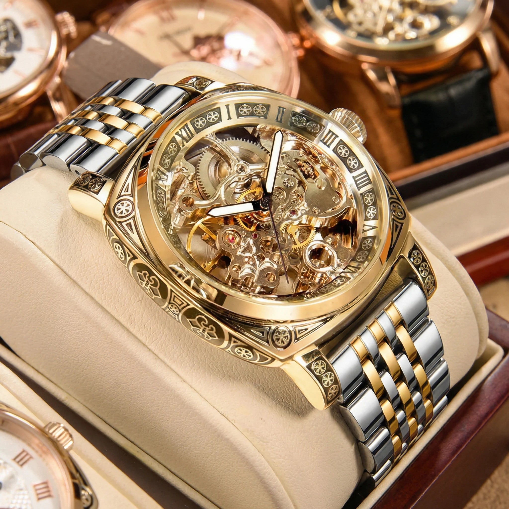 MEIRUIQI Men's Automatic Tourbillon Watch — Luminous Carved Mechanical Timepiece