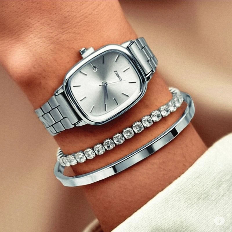 Elegant Square Dial Women's Watch Set — Quartz Movement with Matching Bracelets