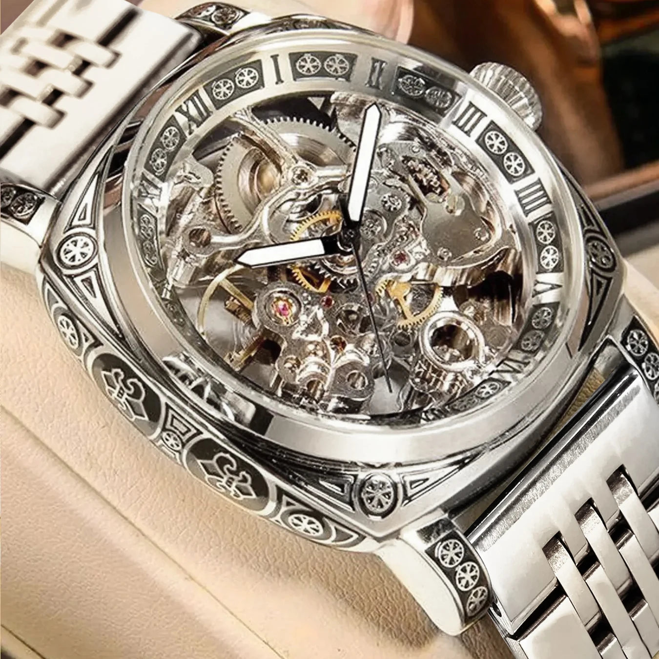 MEIRUIQI Men's Automatic Tourbillon Watch — Luminous Carved Mechanical Timepiece