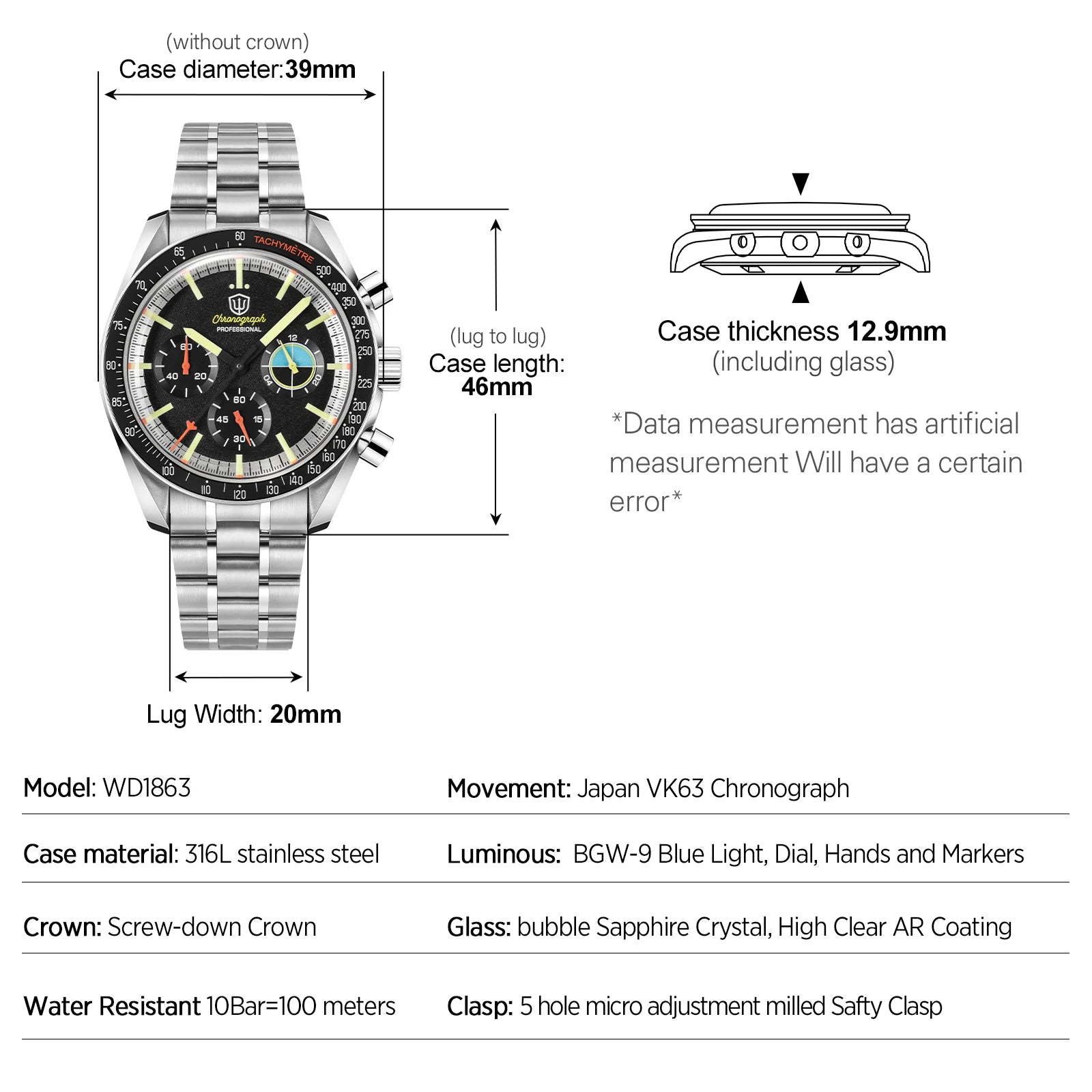 Watchdives WD1863A Chronograph Watch — Sapphire Crystal & Stainless Steel