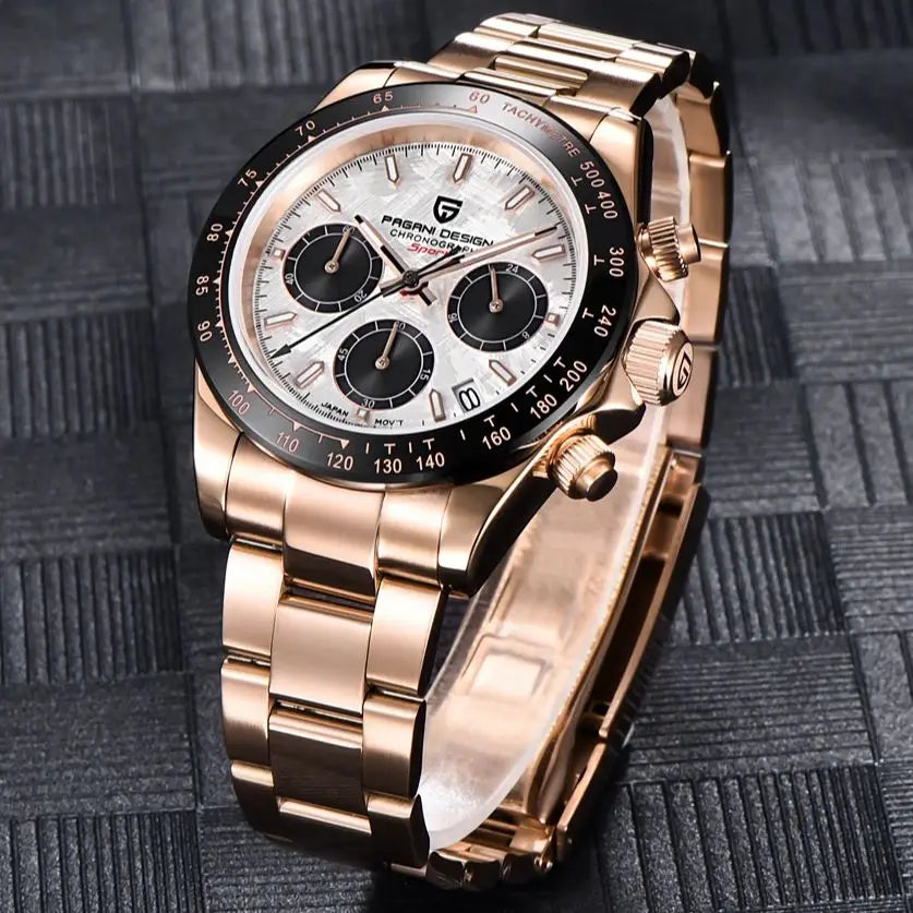 PAGANI DESIGN Luxury Chronograph Watch — Rose Gold Stainless Steel Sport Wristwatch
