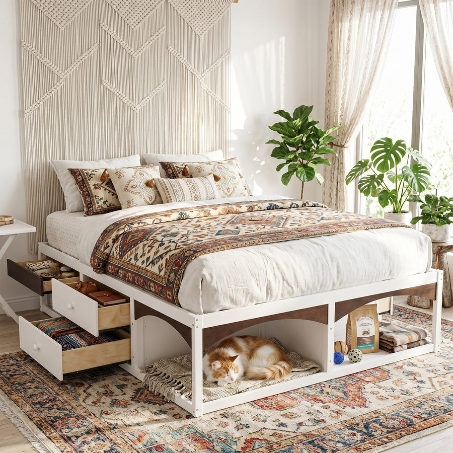 King Bed Frame with Storage Drawers, No Headboard Platform Bed with Light, Pet-Friendly Design, No Box Spring Needed