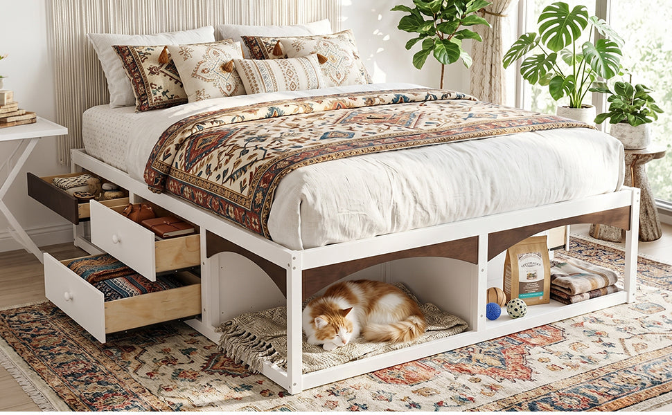 King Bed Frame with Storage Drawers, No Headboard Platform Bed with Light, Pet-Friendly Design, No Box Spring Needed