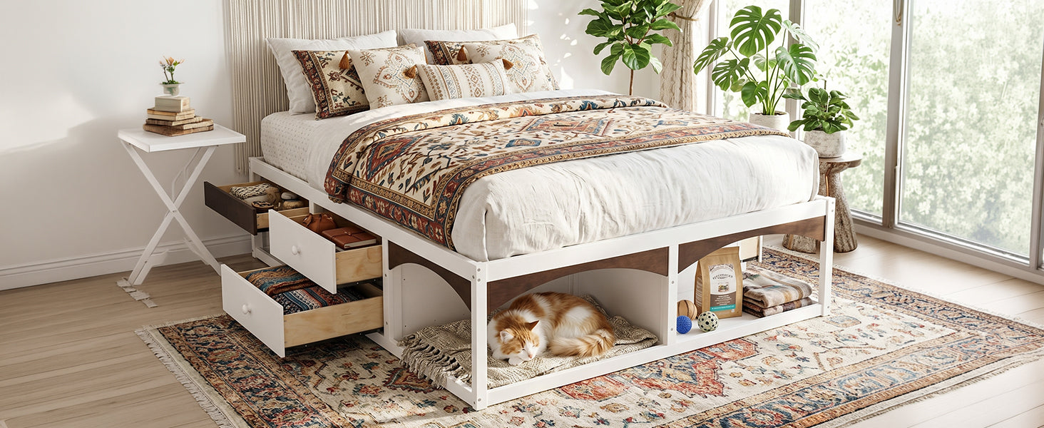 King Bed Frame with Storage Drawers, No Headboard Platform Bed with Light, Pet-Friendly Design, No Box Spring Needed