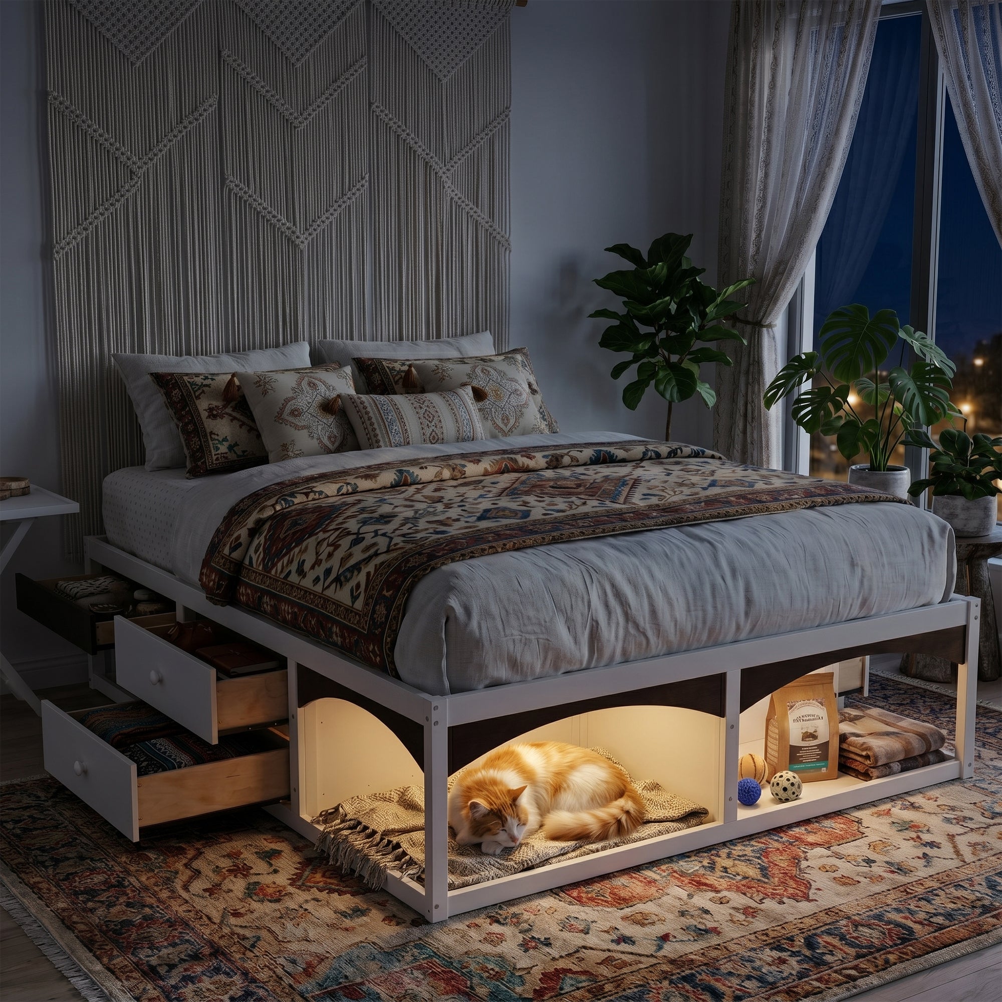 King Bed Frame with Storage Drawers, No Headboard Platform Bed with Light, Pet-Friendly Design, No Box Spring Needed