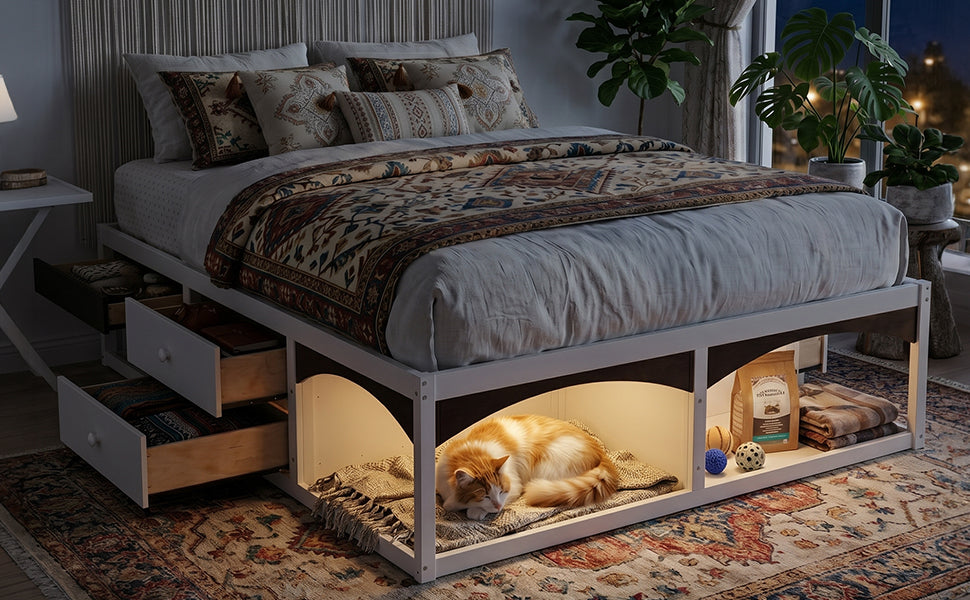 King Bed Frame with Storage Drawers, No Headboard Platform Bed with Light, Pet-Friendly Design, No Box Spring Needed