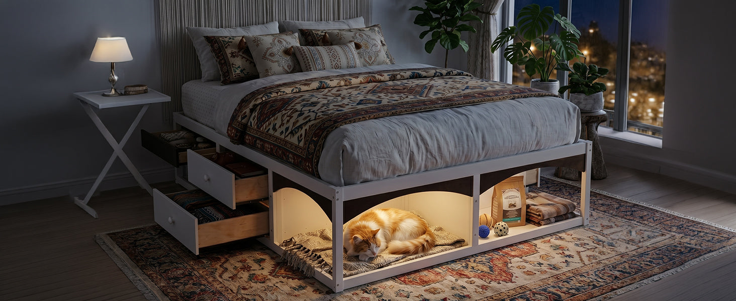 King Bed Frame with Storage Drawers, No Headboard Platform Bed with Light, Pet-Friendly Design, No Box Spring Needed