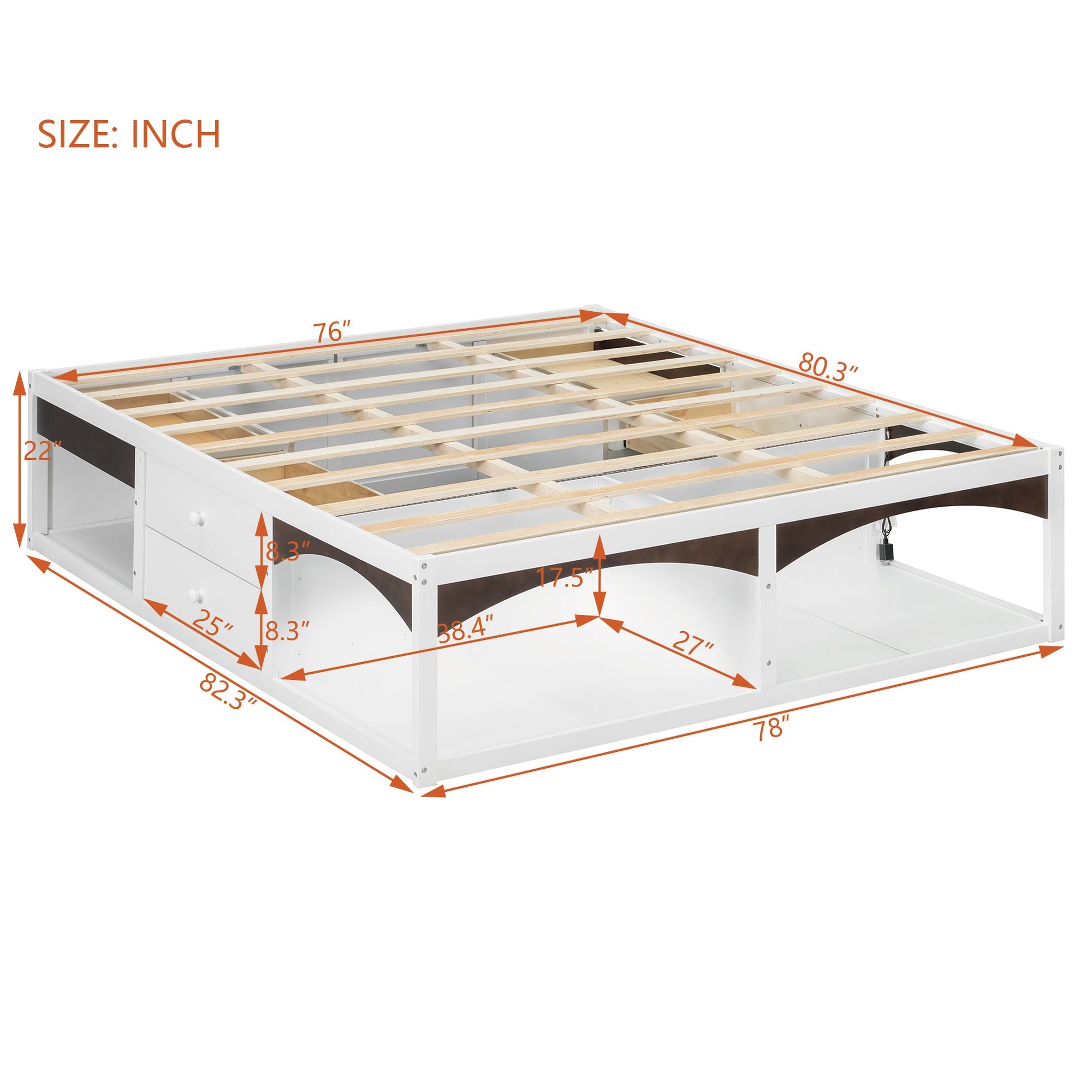 King Bed Frame with Storage Drawers, No Headboard Platform Bed with Light, Pet-Friendly Design, No Box Spring Needed
